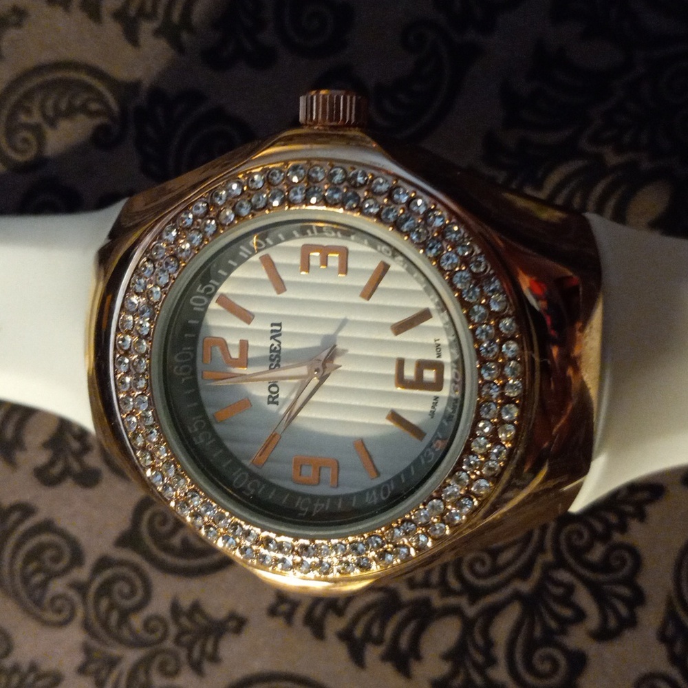 Rousseau Mela Ladie's Watch WHITE Face, WHITE Band with ROSE GOLD Case